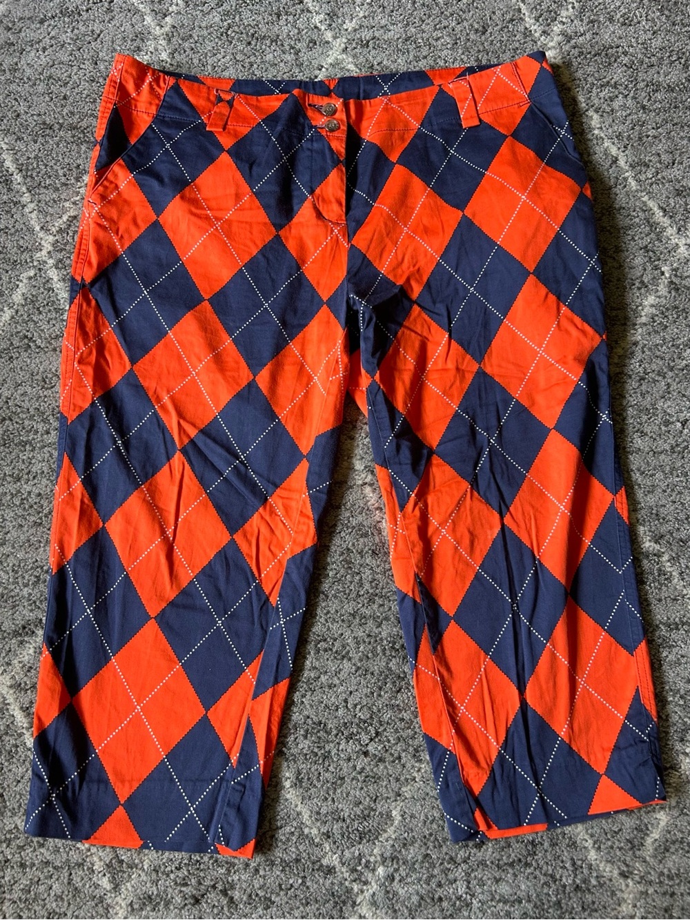 Loudmouth Orange & Navy Argyle Capris Golf Pants Bold Fun Retro Statement Sz 14